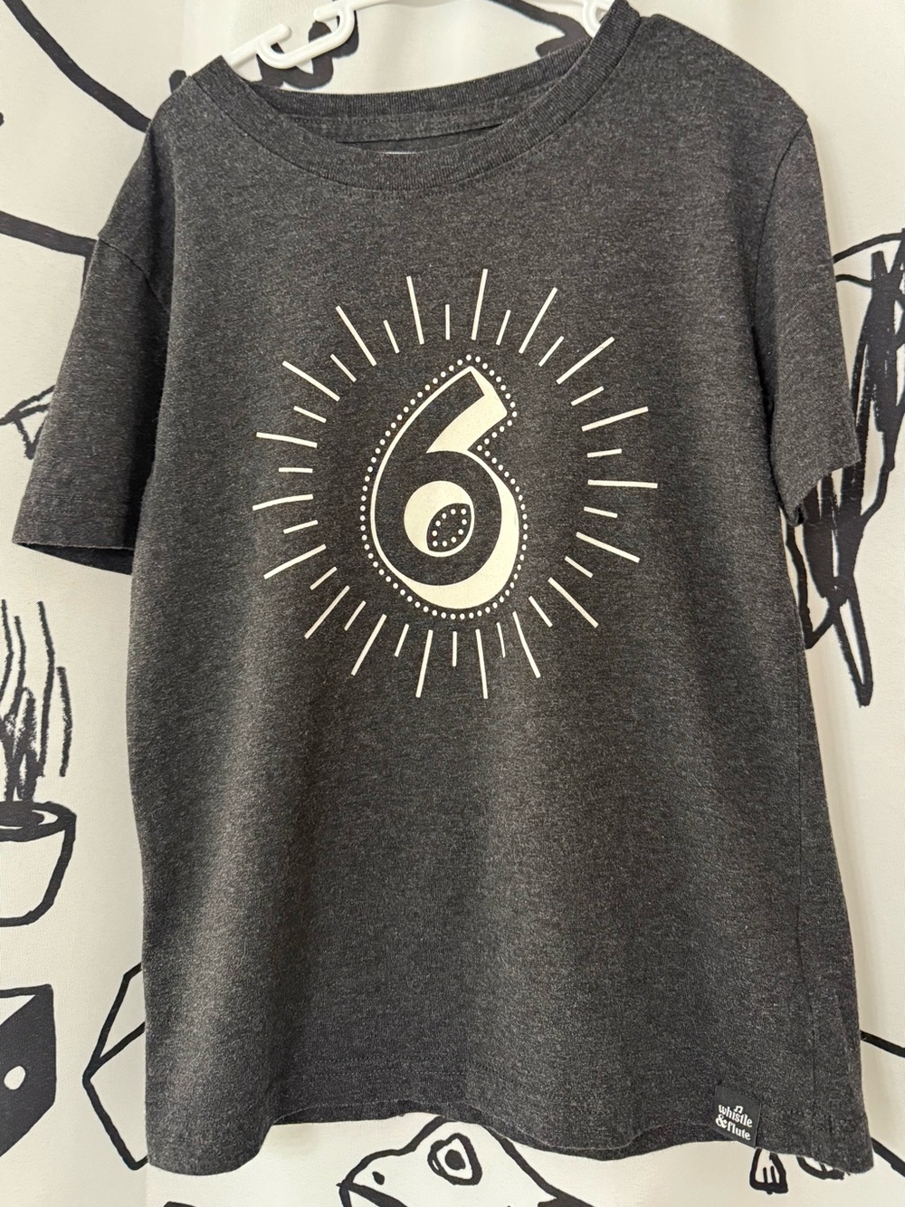 Whistle & Flute Kids Short Sleeve Grey Tee with Number 6 Graphic
